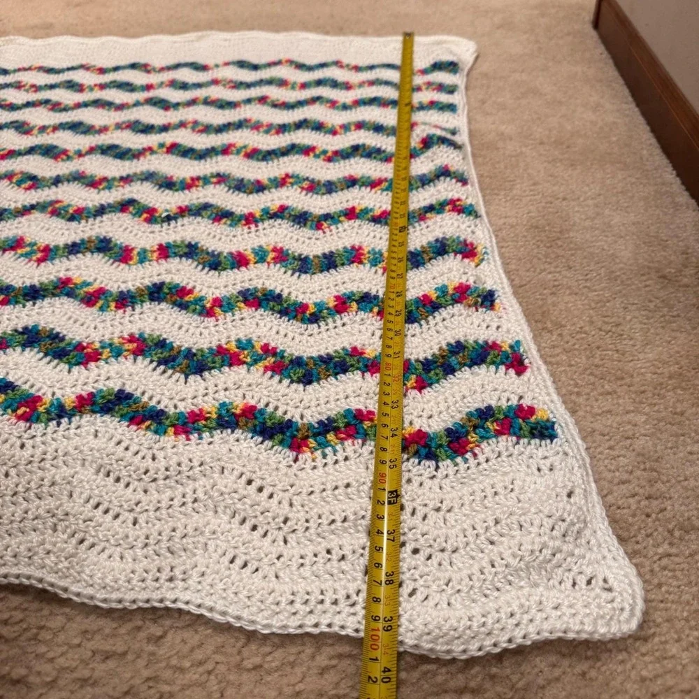 Hand Crocheted Baby Lap Blanket Rainbow Zig Zag Cottagecore Boho Throw 40x38